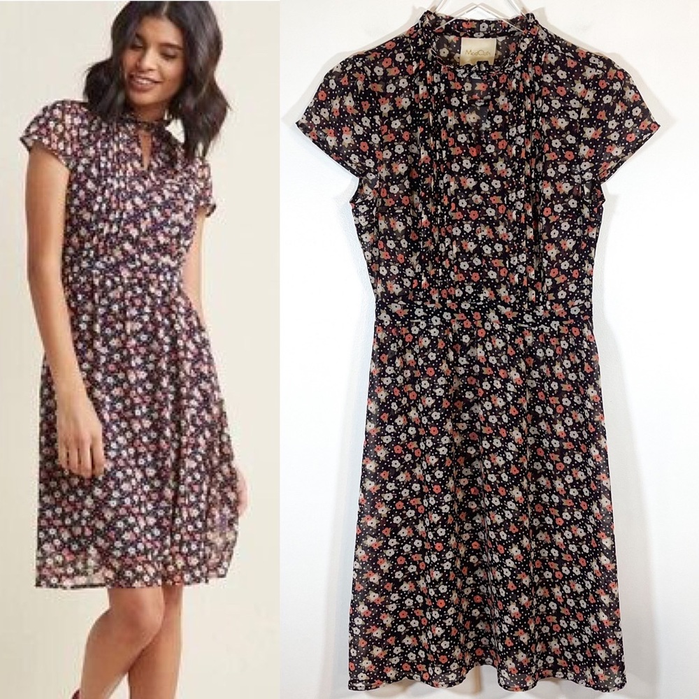 Modcloth Oh Say Can Museum A-Line Dress Floral Black Dress Short Sleeve Size S